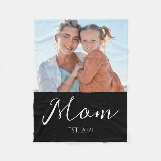 Mom Established Modern Script Photo Fleece Blanket (Front)