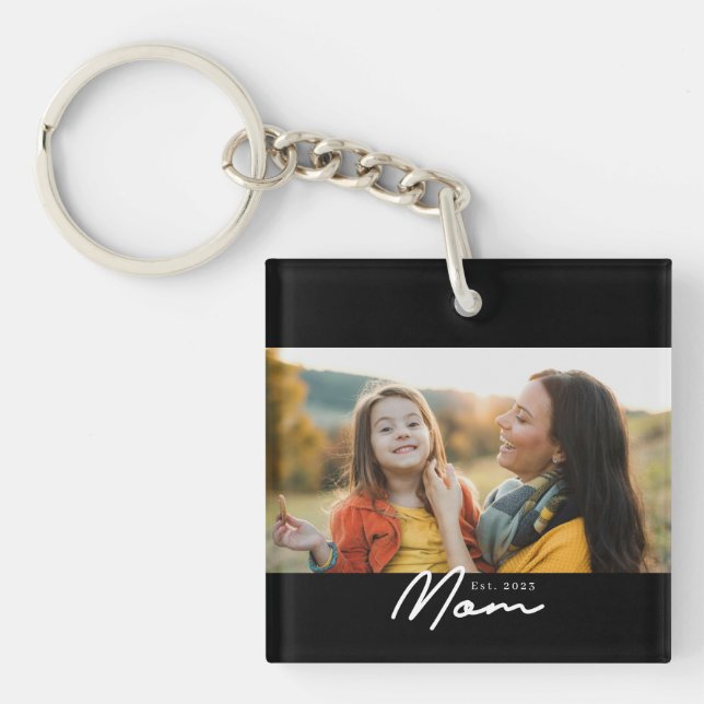 Mom Established Modern Script Photo Keychain (Front)