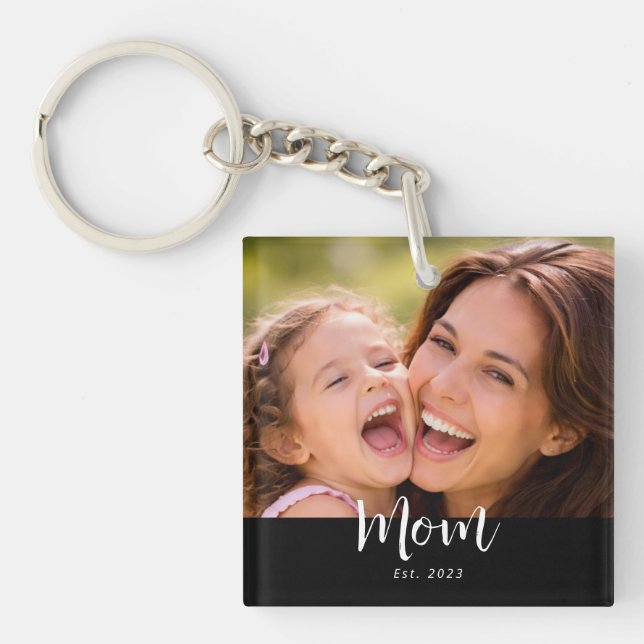 Mom Established Modern Script Photo Keychain (Front)