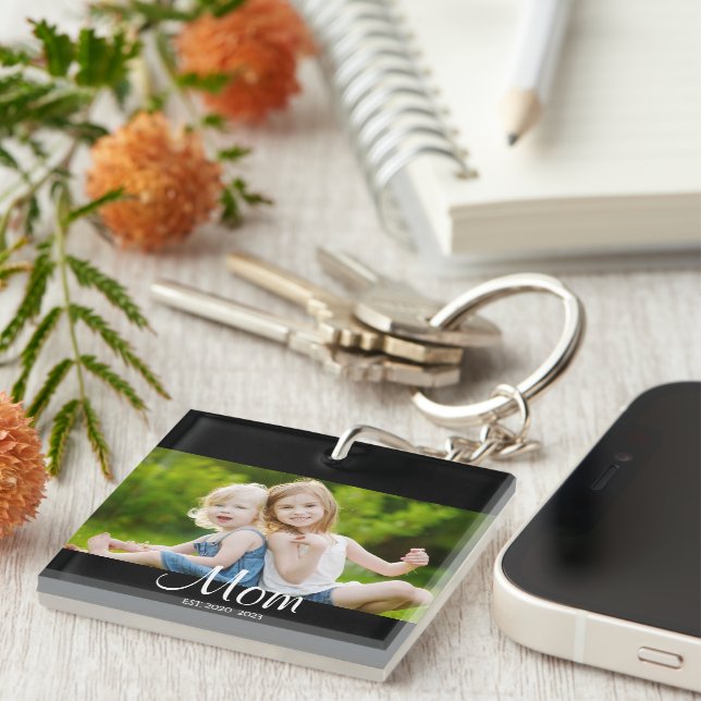 Mom Established Modern Script Photo Keychain (Front Right)