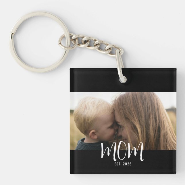 Mom Established Modern Script Photo Keychain (Front)