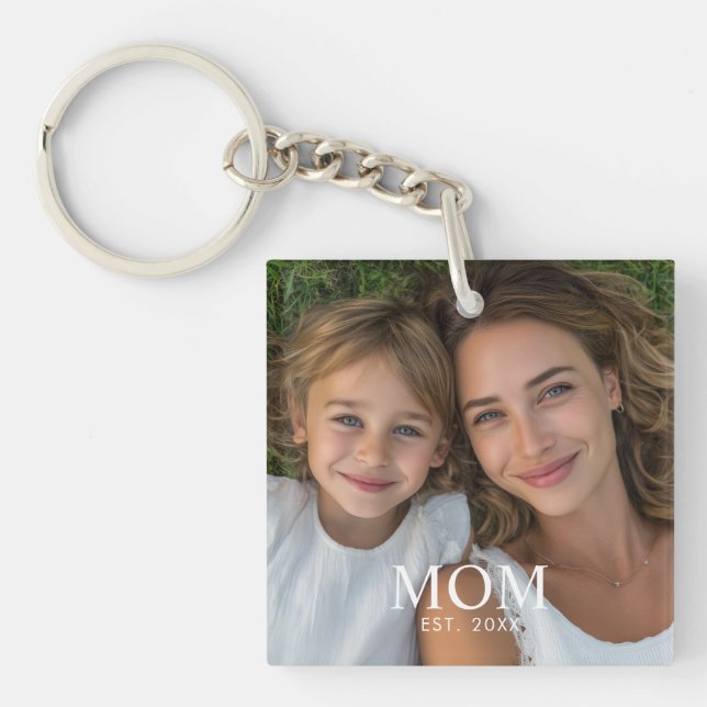 Mom Established Modern Script Photo  Keychain (Front)