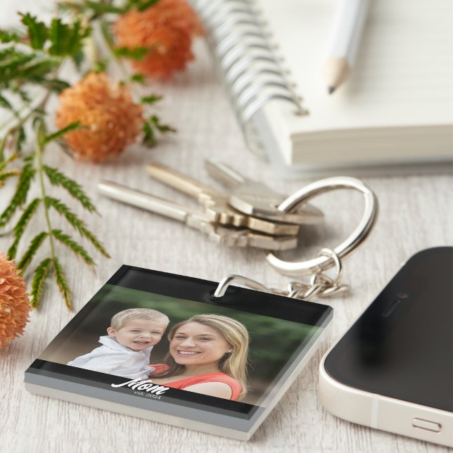 Mom Established Modern Script Photo Keychain (Front Right)