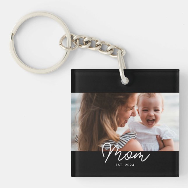 Mom Established Modern Script Photo Keychain (Front)