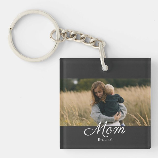 Mom Established Modern Script Photo Keychain (Front)
