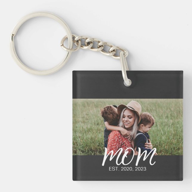 Mom Established Modern Script Photo Keychain (Front)
