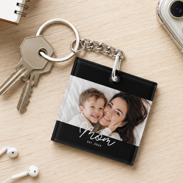 Mom Established Modern Script Photo Keychain (Creator Uploaded)