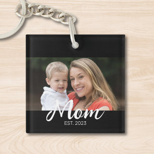 Mom Established Modern Script Photo Keychain