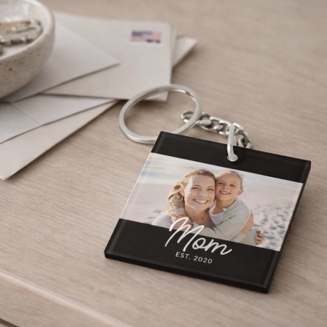 Mom Established Modern Script Photo Keychain (Creator Uploaded)