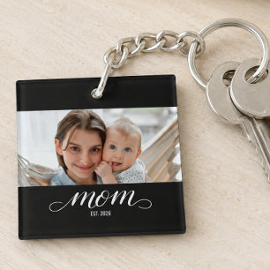 Mom Established Modern Script Photo Keychain