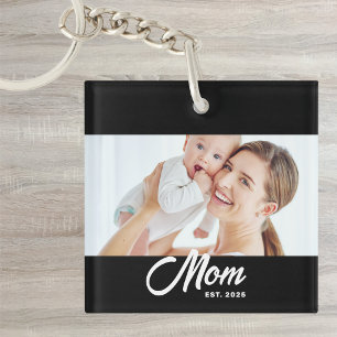 Mom Established Modern Script Photo Keychain