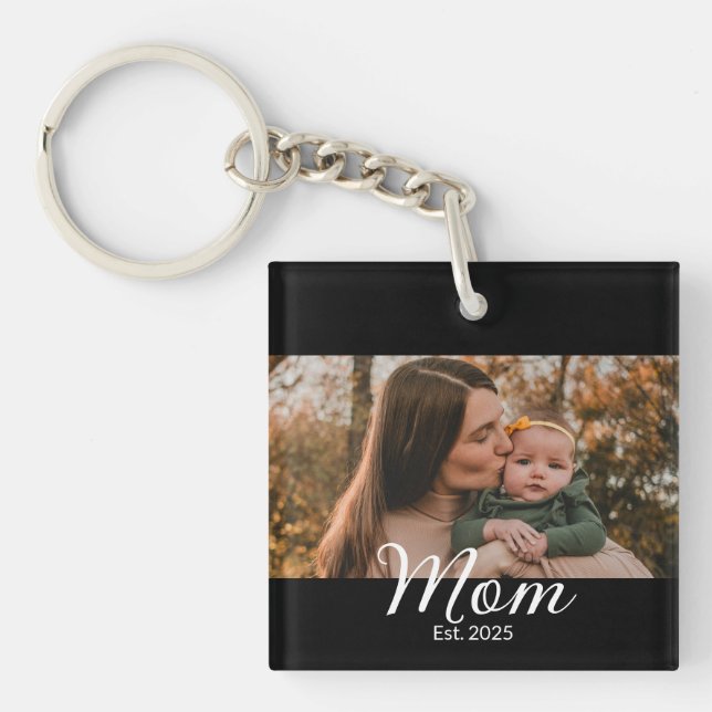 Mom Established Modern Script Photo Keychain (Front)