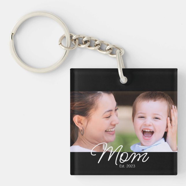 Mom Established Modern Script Photo Keychain (Front)