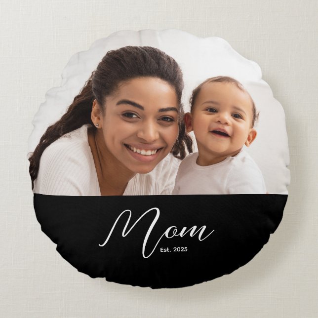 Mom Established Modern Script Photo Round Pillow (Front)