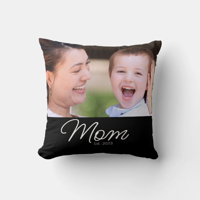 Mom Established Modern Script Photo Throw Pillow (Front)