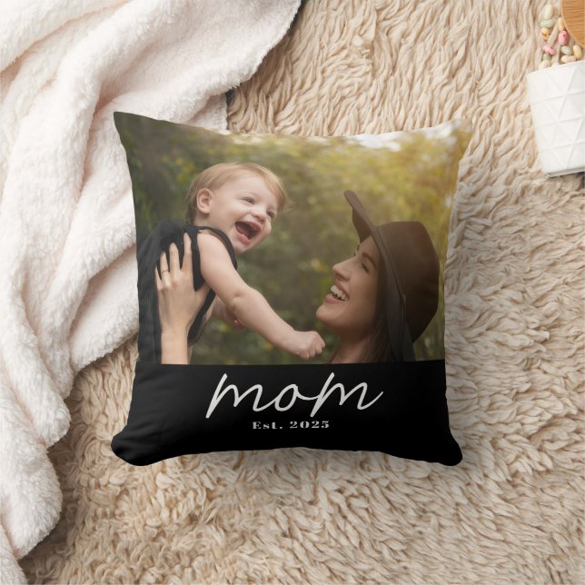 Mom Established Modern Script Photo Throw Pillow (Blanket)