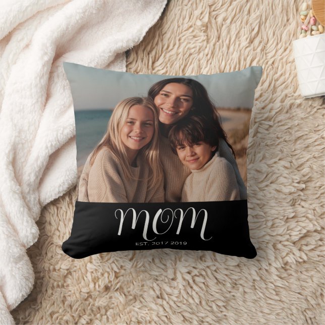 Mom Established Modern Script Photo Throw Pillow (Blanket)