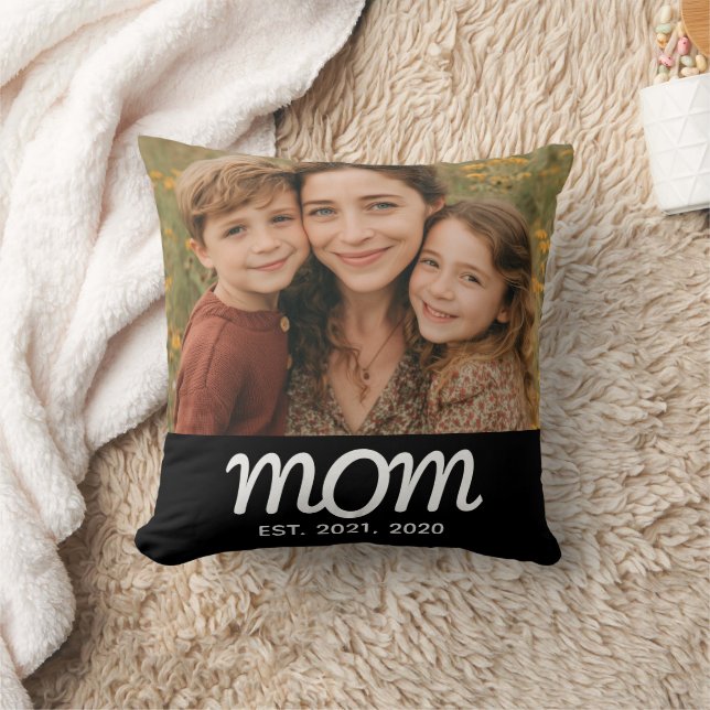 Mom Established Modern Script Photo Throw Pillow (Blanket)