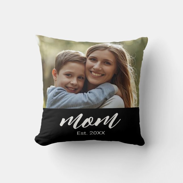 Mom Established Modern Script Photo Throw Pillow (Front)
