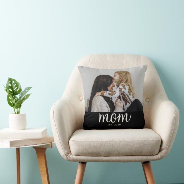 Mom Established Modern Script Photo Throw Pillow (Chair)
