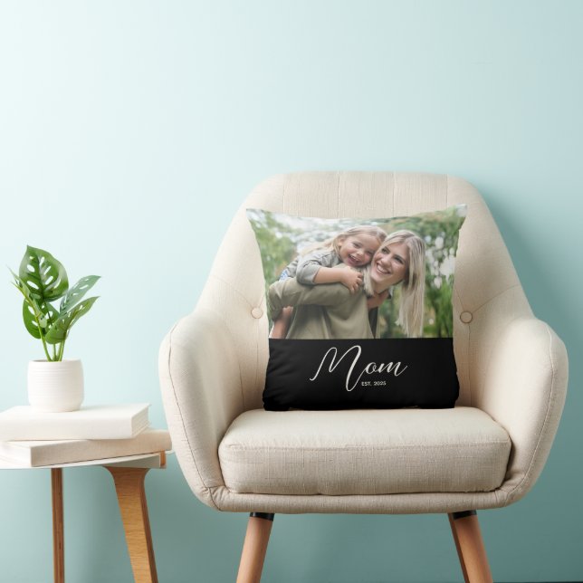 Mom Established Modern Script Photo Throw Pillow (Chair)