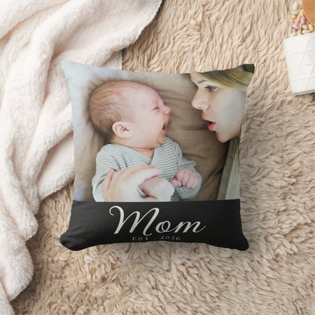 Mom Established Modern Script Photo Throw Pillow (Blanket)