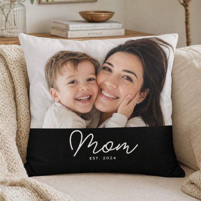 Mom Established Modern Script Photo Throw Pillow (Creator Uploaded)