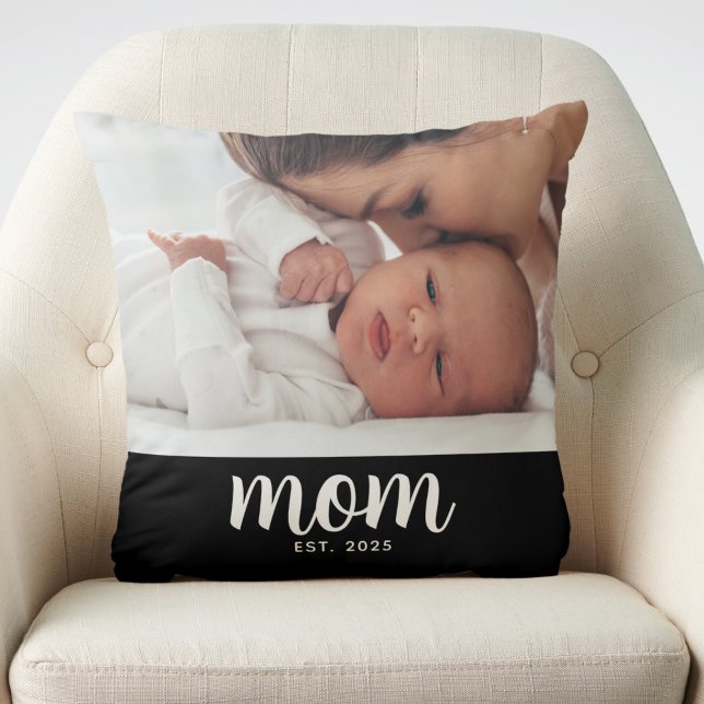 Mom Established Modern Script Photo Throw Pillow (Creator Uploaded)