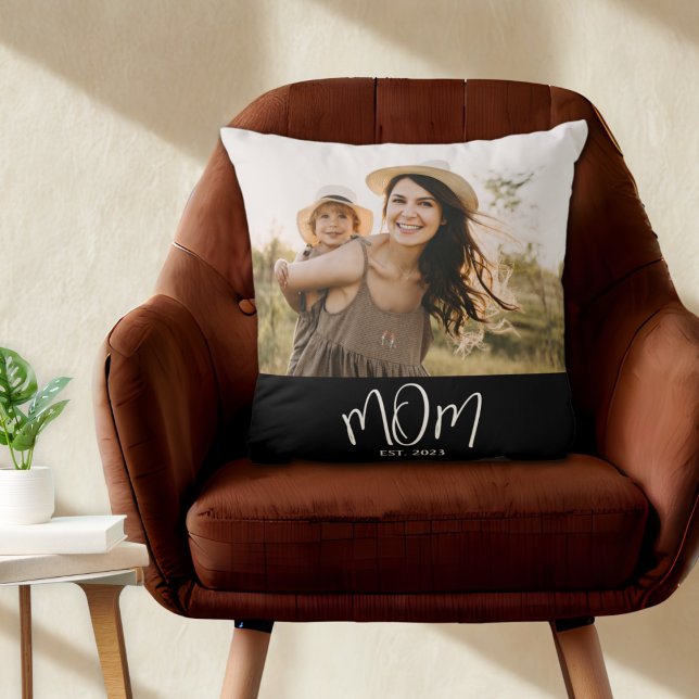 Mom Established Modern Script Photo Throw Pillow (Creator Uploaded)