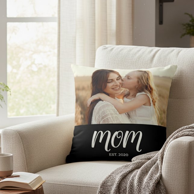 Mom Established Modern Script Photo Throw Pillow (Creator Uploaded)