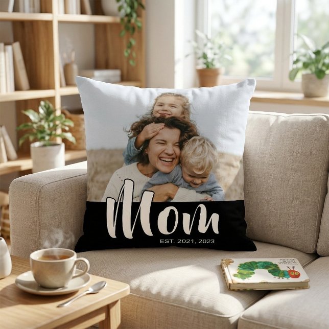 Mom Established Modern Script Photo Throw Pillow (Mom Established Modern Script Photo Throw Pillow)