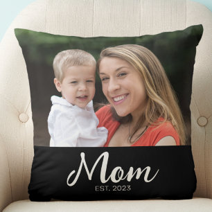 Mom Established Modern Script Photo Throw Pillow