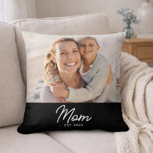 Mom Established Modern Script Photo Throw Pillow