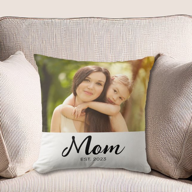 Mom Established Modern Script Photo Throw Pillow (Creator Uploaded)