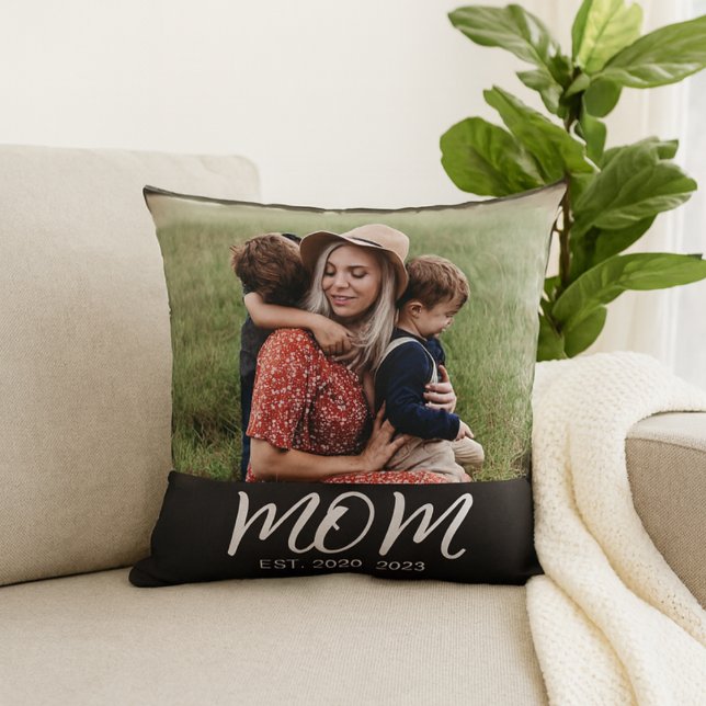 Mom Established Modern Script Photo Throw Pillow (Creator Uploaded)
