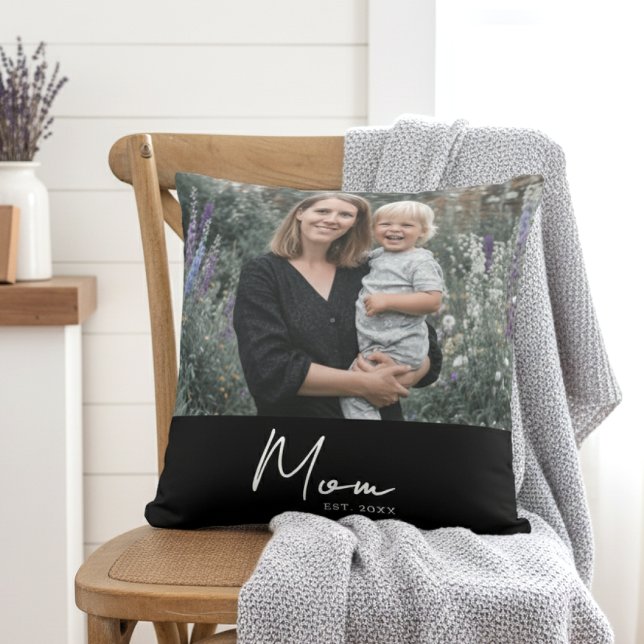 Mom Established Modern Script Photo Throw Pillow (Creator Uploaded)