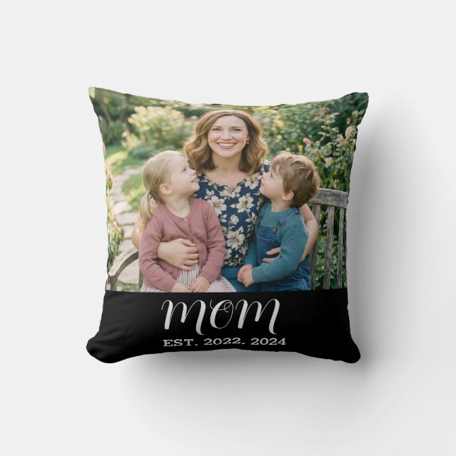 Mom Established Modern Script Photo Throw Pillow (Front)