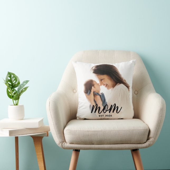 Mom Established Modern Script Photo Throw Pillow (Chair)