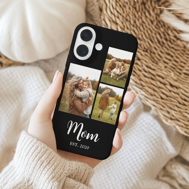 Mom Established Modern Script Text Black 3 Photo Case-Mate iPhone Case (Mom established script text with 3 photos - fully personalizable)