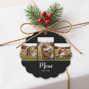 Mom Established Modern Script Text Black 3 Photo Ornament Card