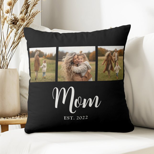 Mom Established Modern Simple Script Black 3 Photo Throw Pillow (Established Mom 3 photo white script text cushion)