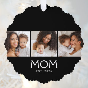 Mom Established Modern Typography Black 3 Photo  Ornament Card