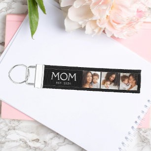 Mom Established Modern Typography Black 3 Photo Wrist Keychain
