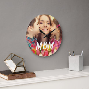 Mom Established Modern White Bold Font Photo Large Clock