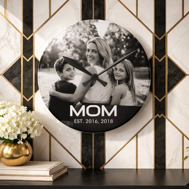 Mom Established Modern White Bold Photo  Round Clock (Creator Uploaded)