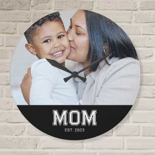 Mom Established Modern White Bold Photo Round Large Clock