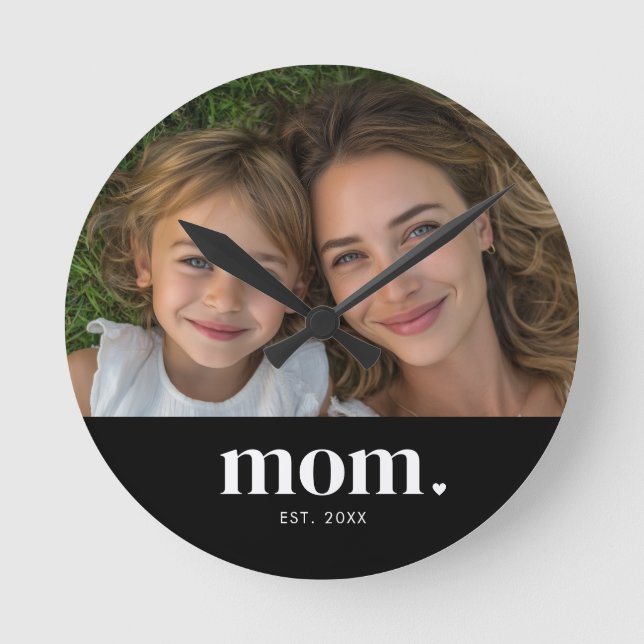 Mom Established Modern White Minimal Photo Round Clock (Front)