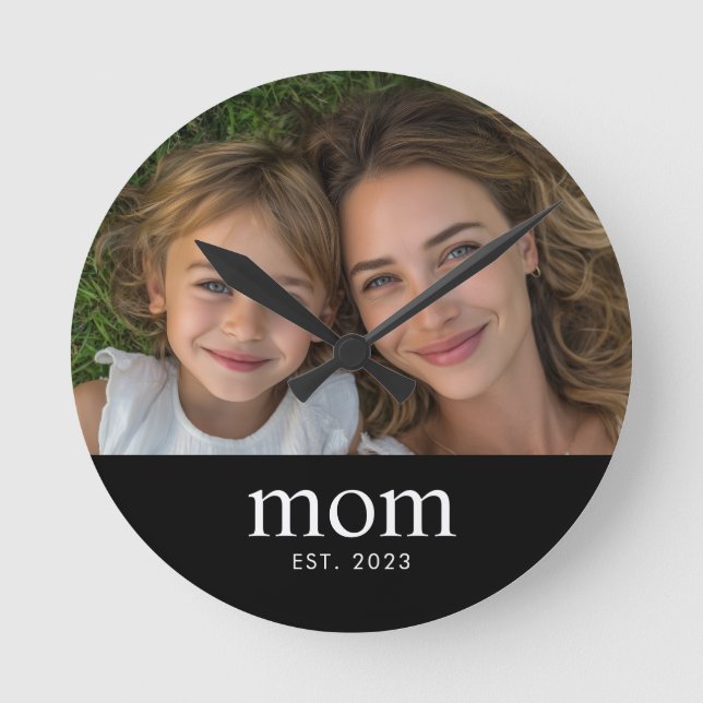 Mom Established Modern White Minimal Photo Round Clock (Front)