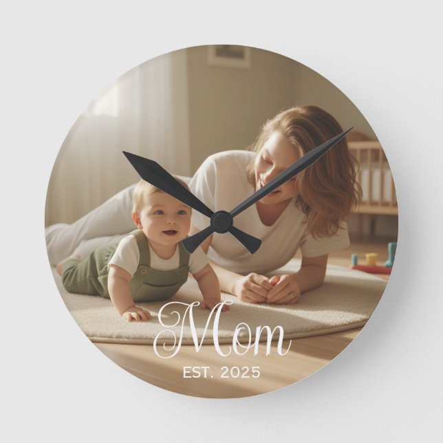 Mom Established Modern White Script Photo Clock (Front)