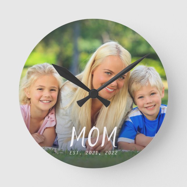 Mom Established Modern White Script Photo Design Round Clock (Front)